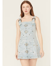 Load image into Gallery viewer, Women's Light Wash Embellished Buckle Strap Denim Mini Dress
