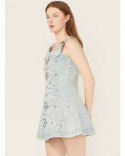 Load image into Gallery viewer, Women's Light Wash Embellished Buckle Strap Denim Mini Dress
