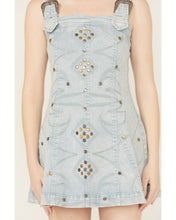 Load image into Gallery viewer, Women's Light Wash Embellished Buckle Strap Denim Mini Dress
