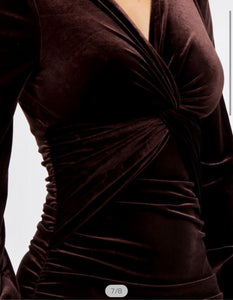 Puff Long Sleeve V Neck Solid Velvet Midi Dress