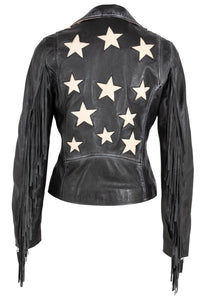 Crissy Star and Fringe Detail Black Leather Jacket
