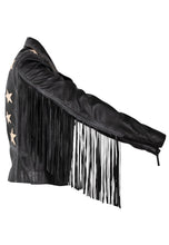 Load image into Gallery viewer, Crissy Star and Fringe Detail Black Leather Jacket
