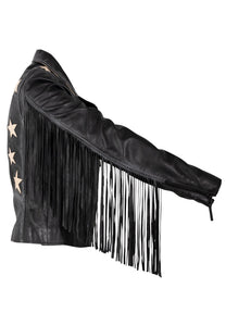 Crissy Star and Fringe Detail Black Leather Jacket